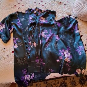 Floral Satin Camisole & Robe Set - Black with Purple Floral